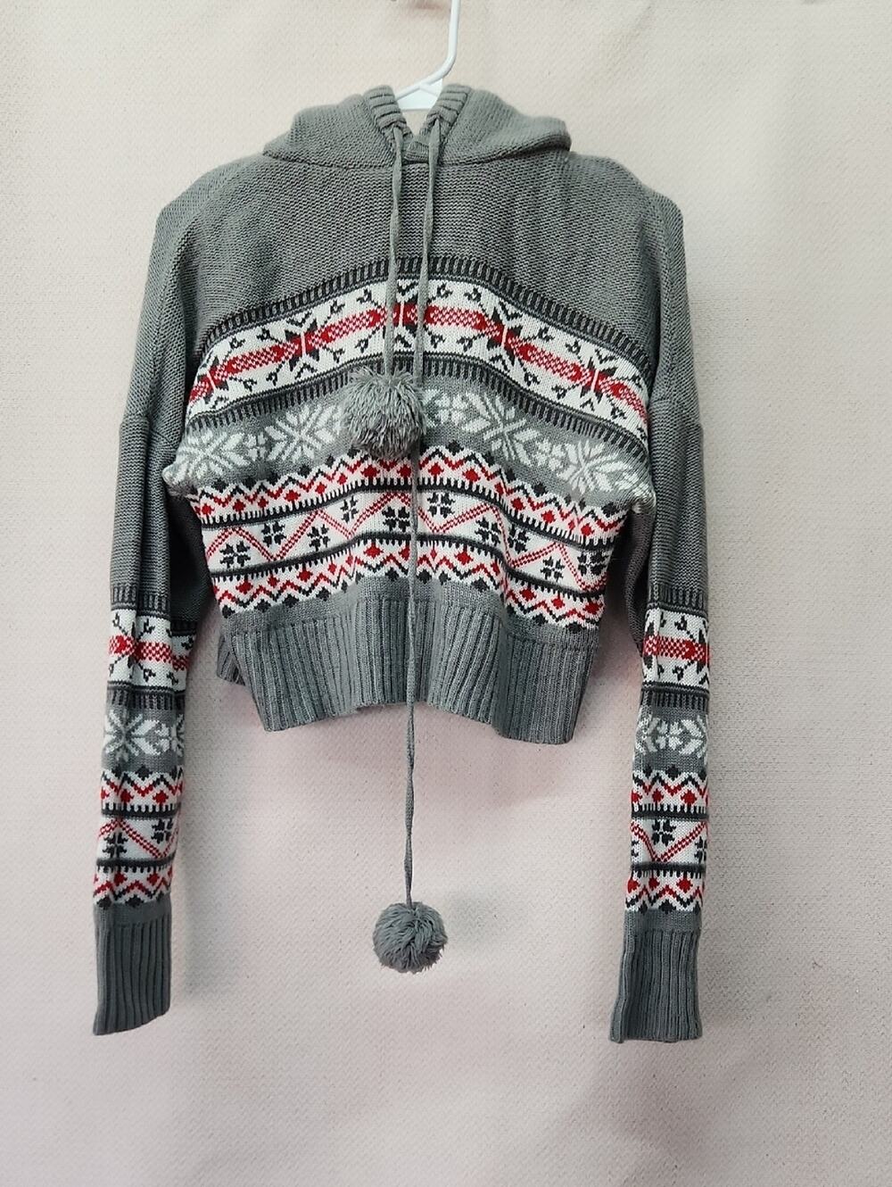 Derek Heart Gray Hooded Sweater with Red & White Fair Isle